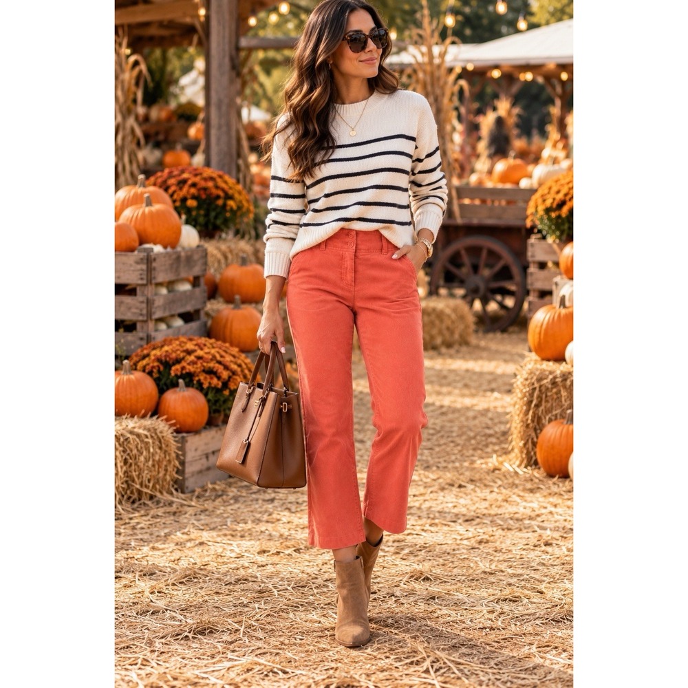 Theory Coral Orange Soft Corduroy Cropped Straight Leg Pants Sz 6